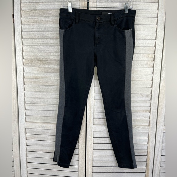 DKNY Jean Style Stretch Leggings Black w Gray Stripe-4 - Picture 1 of 3